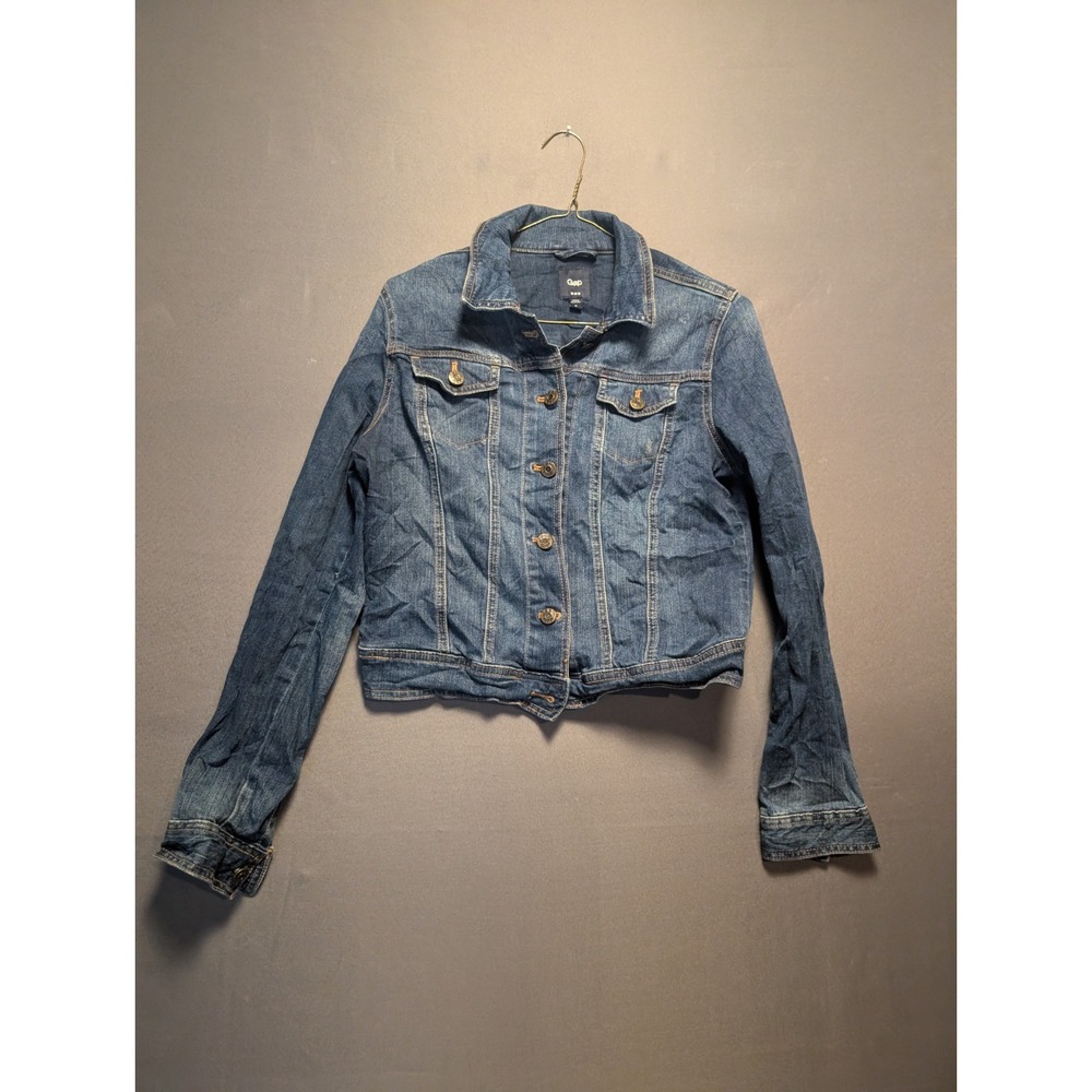 Gap Cropped Trucker Jacket Womens Medium Blue Denim Medium Wash Button Front